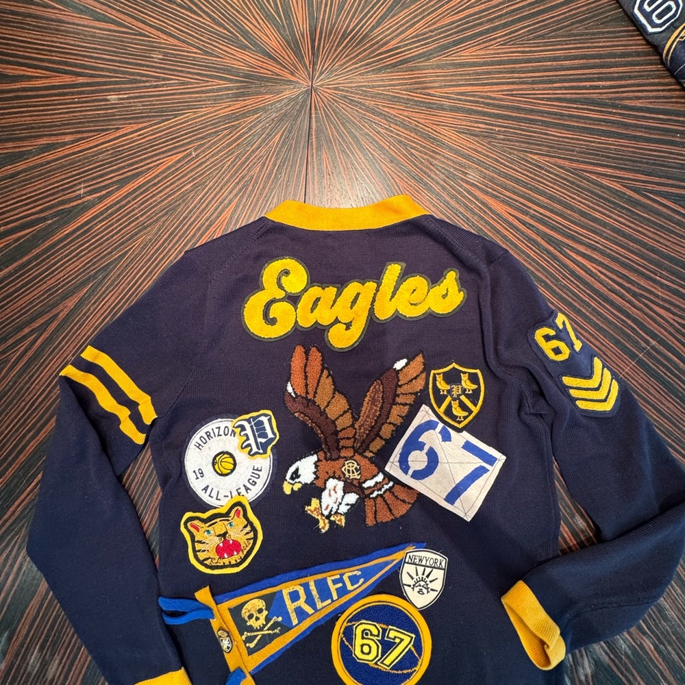🔥🔥 HOT Polo Ralph Lauren Navy Yellow Varsity Preppy Cardigan Patches P Wing - Picture 11 of 16